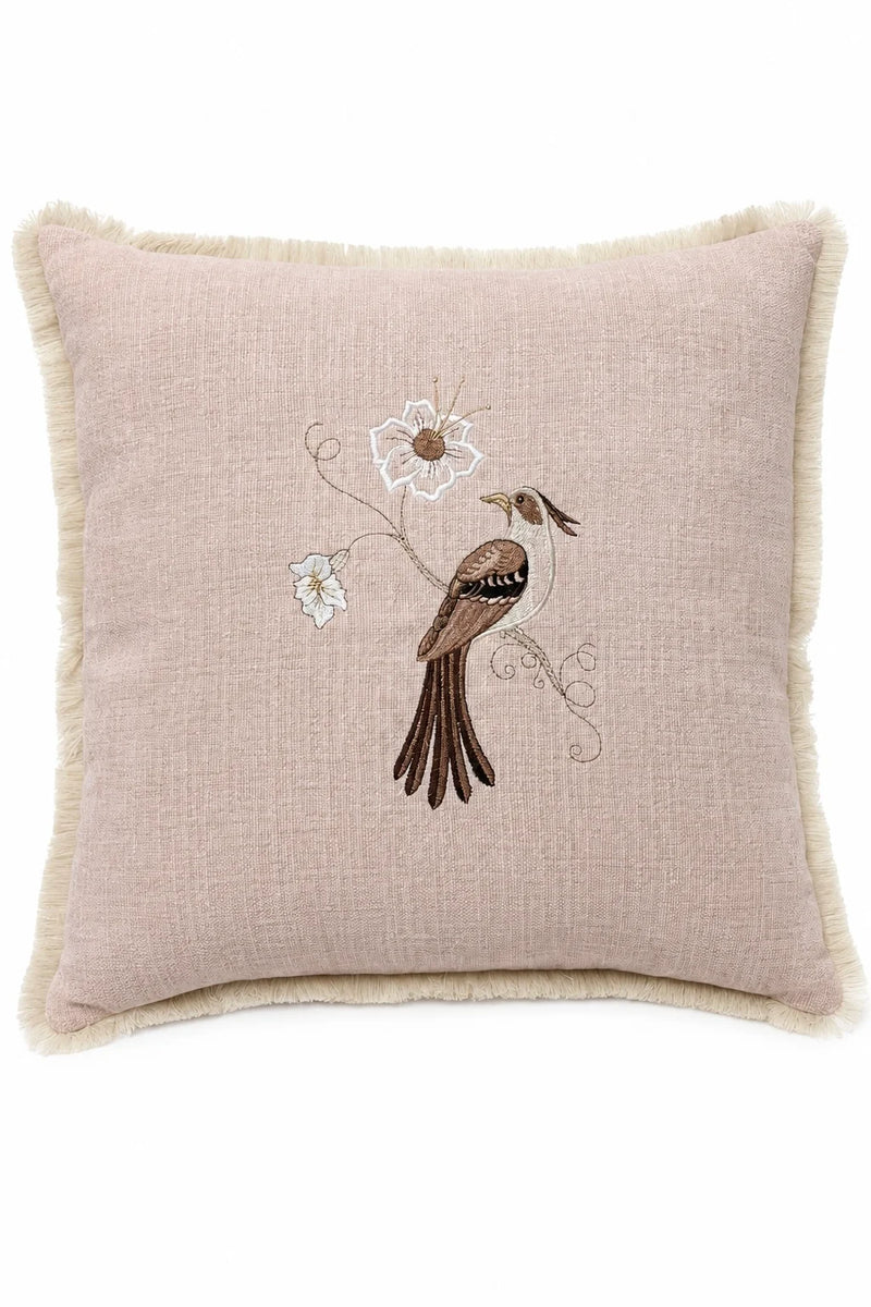 Pale Rose Songbird Embroidered Pillow – Left