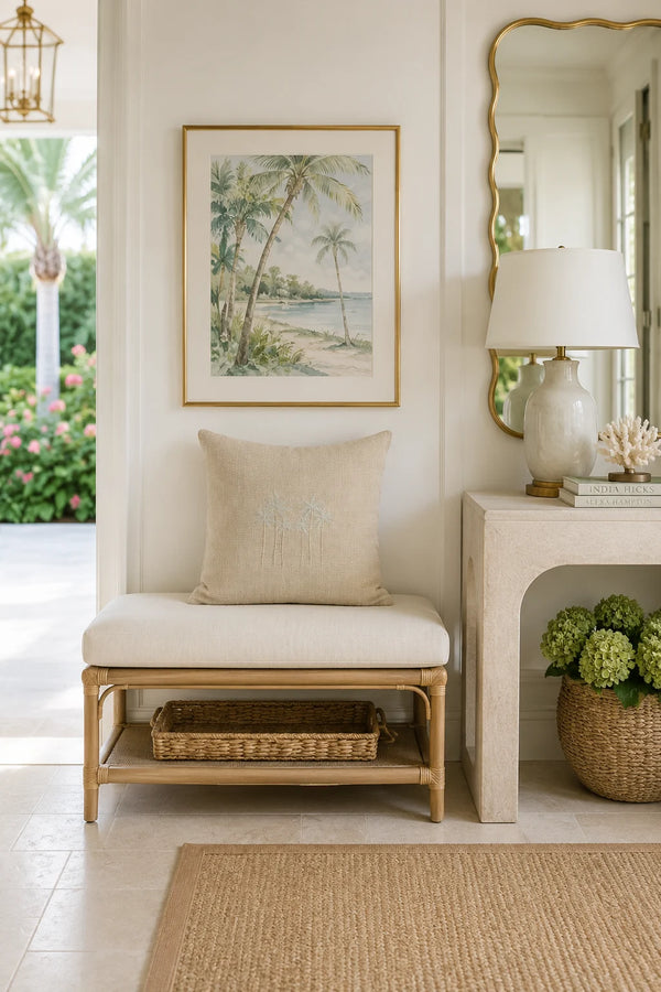 Coastal Palms Embroidered Pillow — Natural