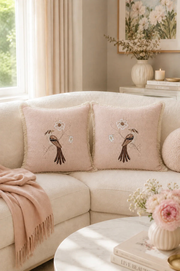 Pale Rose Songbird Embroidered Pillow – Left