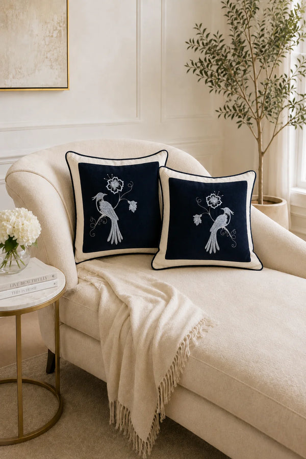 Paradise Bird Embroidered Velvet Pillow – Right