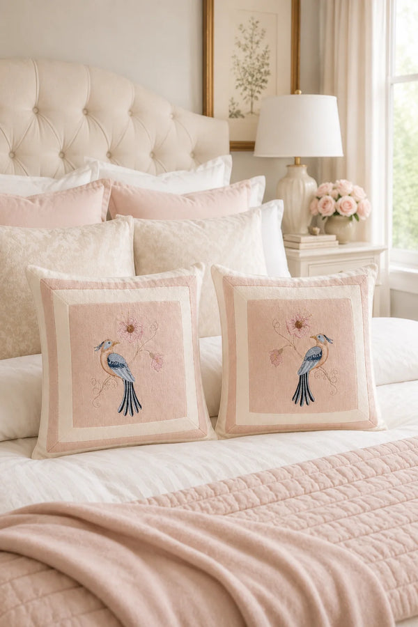 Blush Songbird Embroidered Pillow – Left