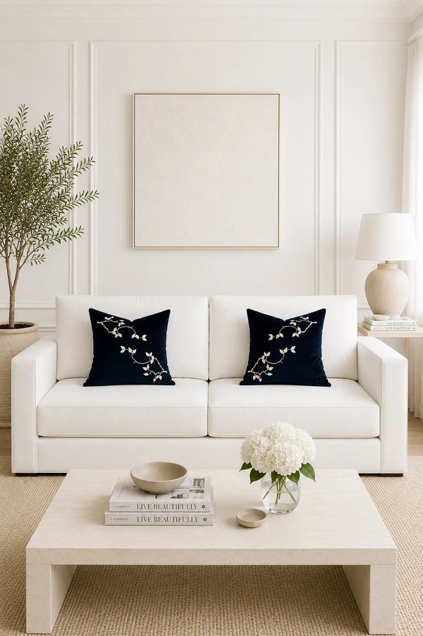 Branch Embroidered Velvet Pillow – Left